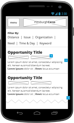 BROWSE Volunteering opportunities appear with (1) faceted info and (2) just enough detail to draw interest, in a (3) long-scroll navigation. Sticky filtering up top.