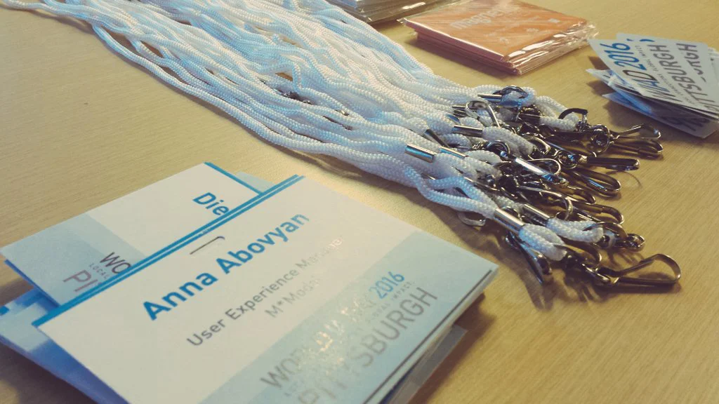 Badges and stickers, ready to go the morning of Pittsburgh's first World IA Day.