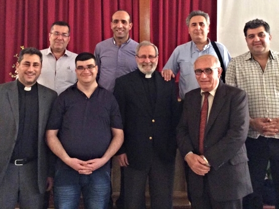 The Synod Team Rev. Ghantous, top row, 2nd from left, Rev.Kassab, top row, 3rd from left; Rev. Tomeh, front row, 3rd from left; Rev. Farah, front row left and the four elders of Hasakah church who must lead their congregation in the absence of a full-time pastor