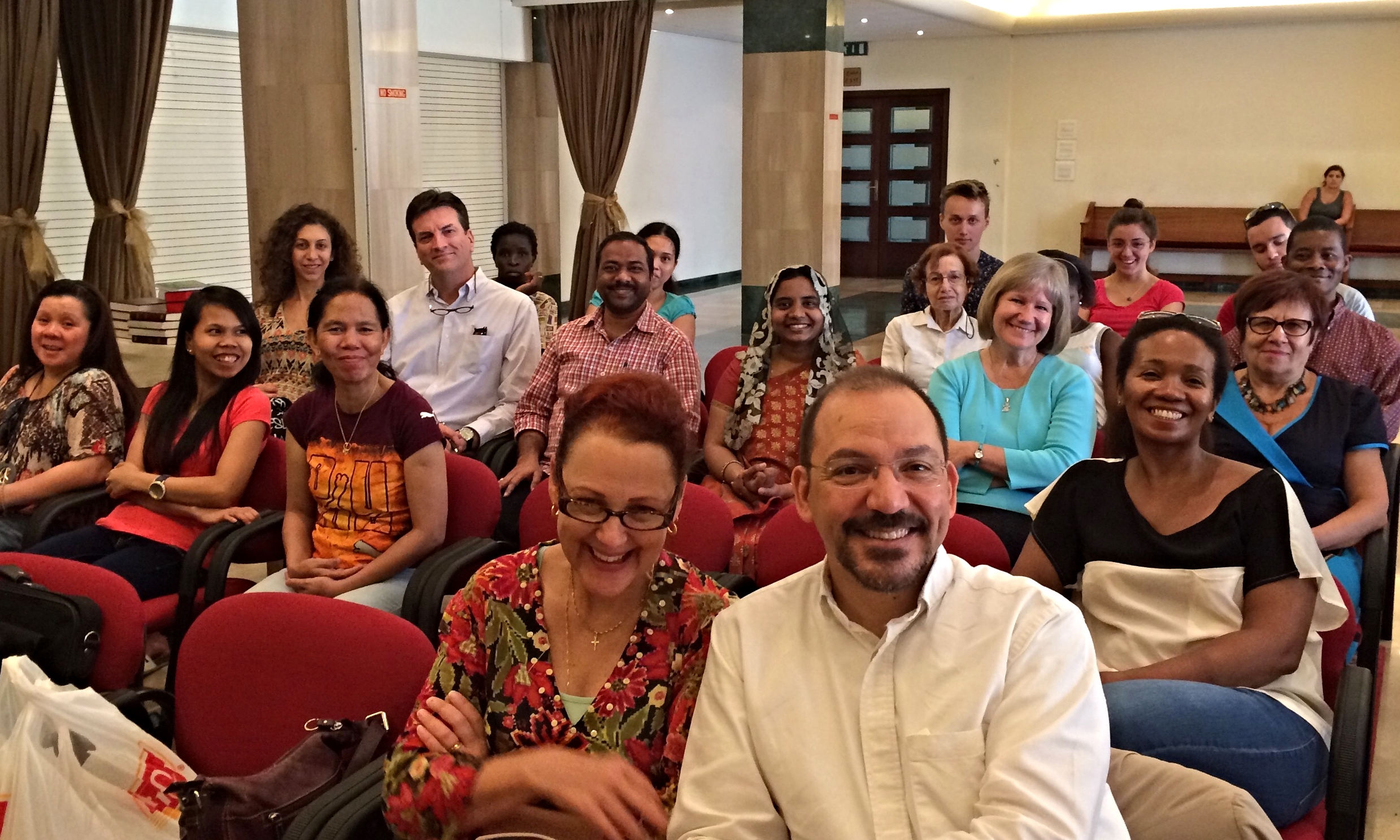Rev. Robert Hamd and his wife Joyce in the front row this morning with worshipers in the international church gathering.