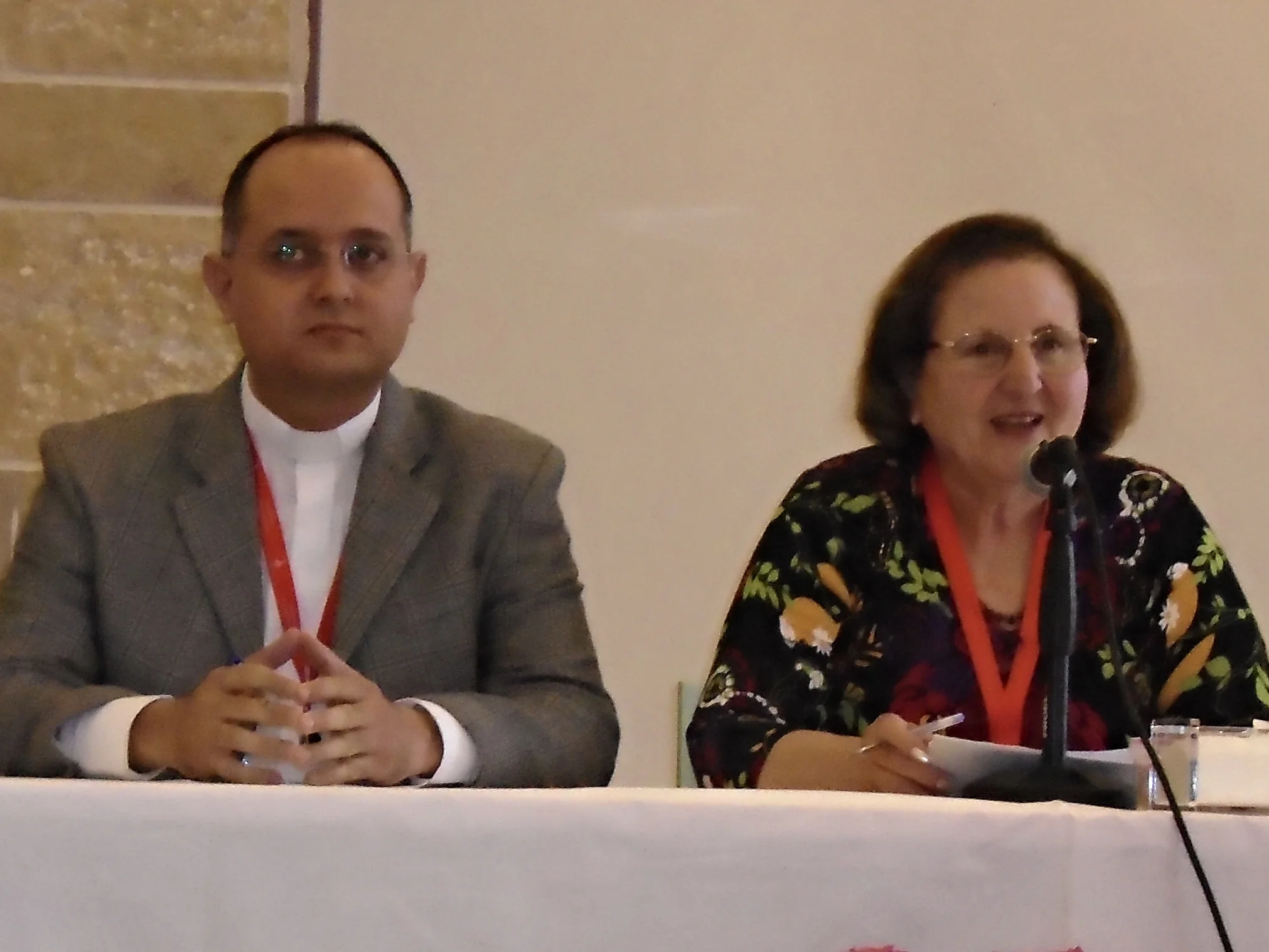 Rev. Salam Hanna, pastor of the church in Lattakia and head of the Synod Relief Committee, and Mary Mikhael, former president of NEST and communication chair for the Synod Relief Committee.