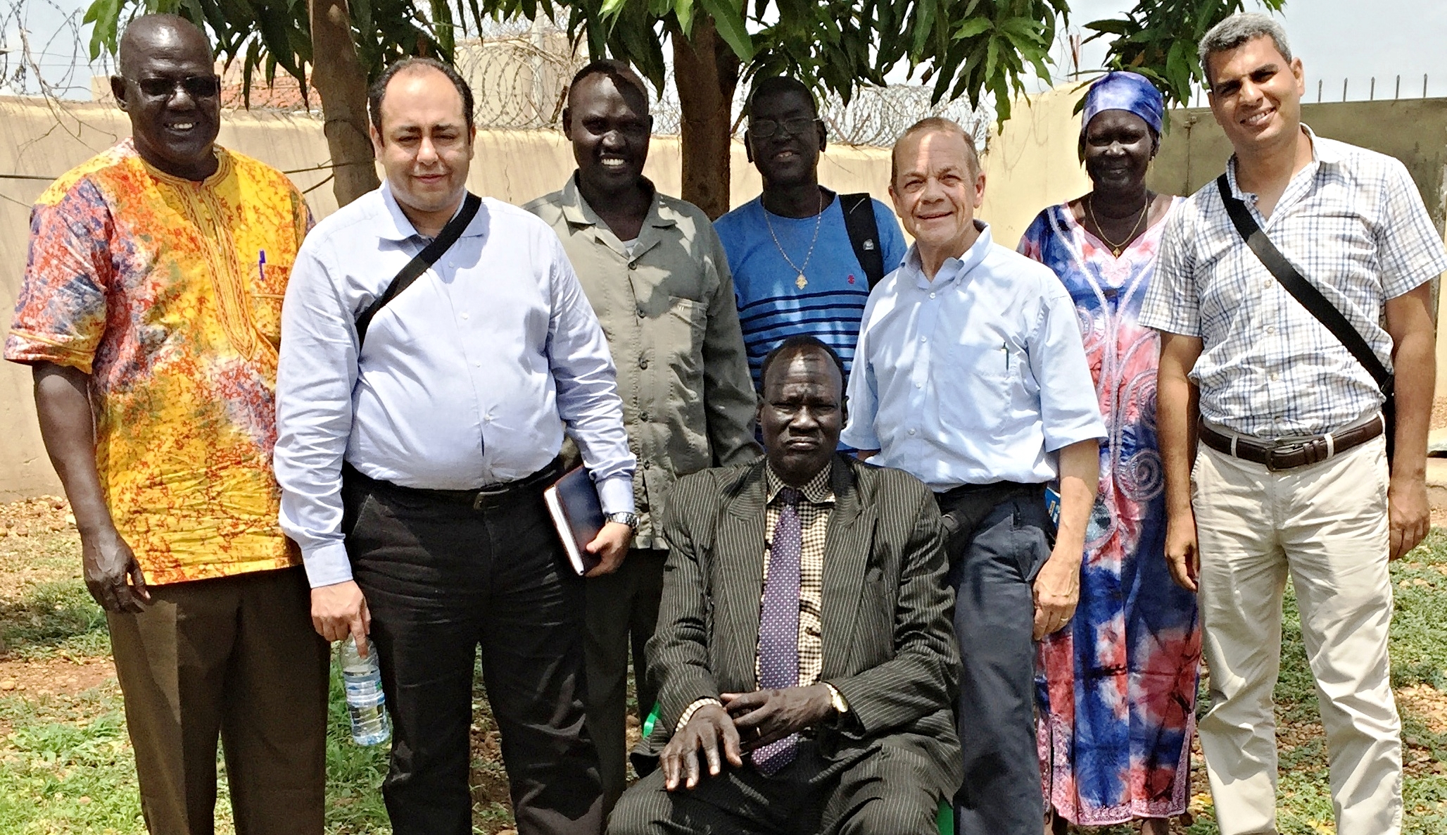 The photo of the leadership of the South Sudan Presbyterian Evangelical Church with us includes, from left to right, Elder Daniel, Treasurer; (Hani Jack); Rev. Philip Obang, General Secretary; Rev. James Par Tap, Moderator, seated; (David Paduil behind); (Jeff); Madam Achol, Head of the Women’s Desk; (Hany Bareh).