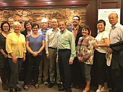 Our time at the Chinese Christian Council headquarters - (from left to right) Mei Li (Chinese Christian Counsel), Zoe Pearson, Beth Downie (Bakersfield, CA), Suzanne Freeborn, Lisa Woicik, Jim Lineweaver, Mr. Ou (Chinese Christian Counsel), Jeff Ritchie (Outreach Foundation), Juan Sarmiento (Outreach Foundation), Christy Lineweaver, Mary Teng (Los Angeles), Stephen Teng (Los Angeles). 