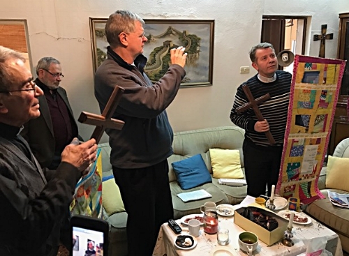Meeting with displaced families in Yazdieh: (L-R) Rev. Michel Boghos of Yazdieh; Rev. Nuhad Tomeh, Outreach’s Consultant for the Middle East; Elder Ron Gatzke of West Hills Church in Omaha, Nebraska; and Rev. Ibrahim Nseir of Aleppo