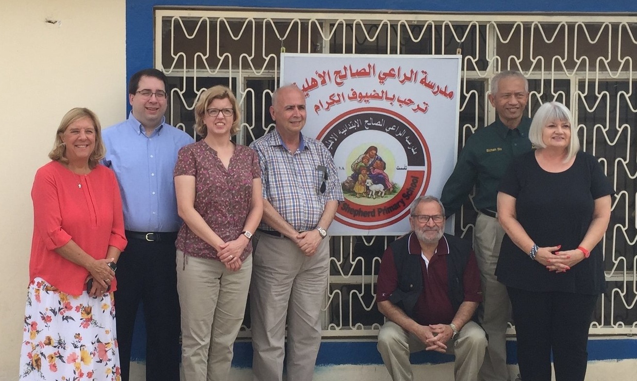 Ginny, Tony, Gretchen, Rev. Farouk, Nuhad, Sichan and Marilyn at the newly opened Good Shepherd Elementary School