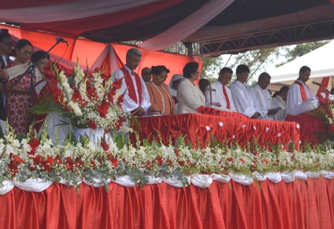 The podium at the Sunday worship service in the compound at David Jones FJKM School in Toamasina. About 15,000 people took part in the celebration.