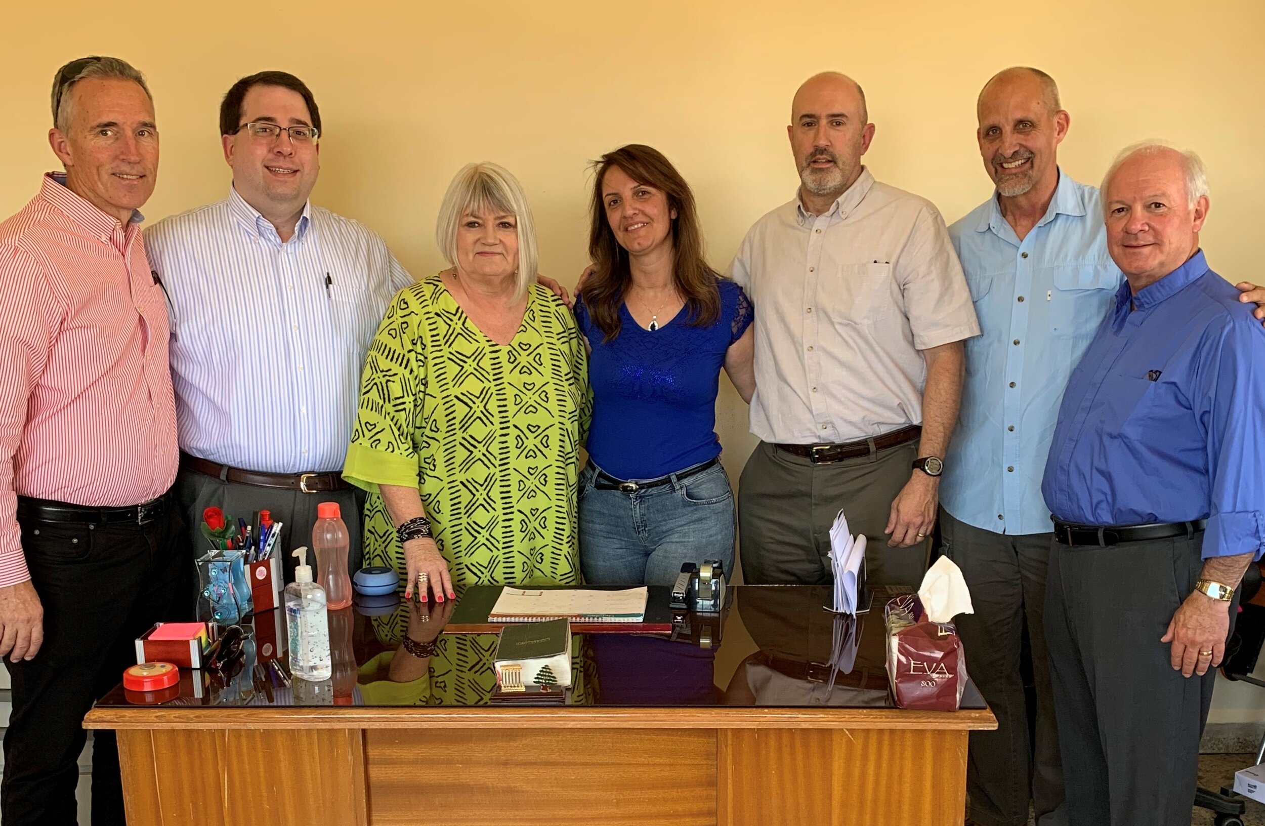  The Outreach Foundation team (Mark Mueller, Tony Lornenz, Marilyn Borst, Chris Weichman, Mike Kuhn, Jack Baca) with Ramak Abboud (center) who oversees the refugee school in Kab Elias 