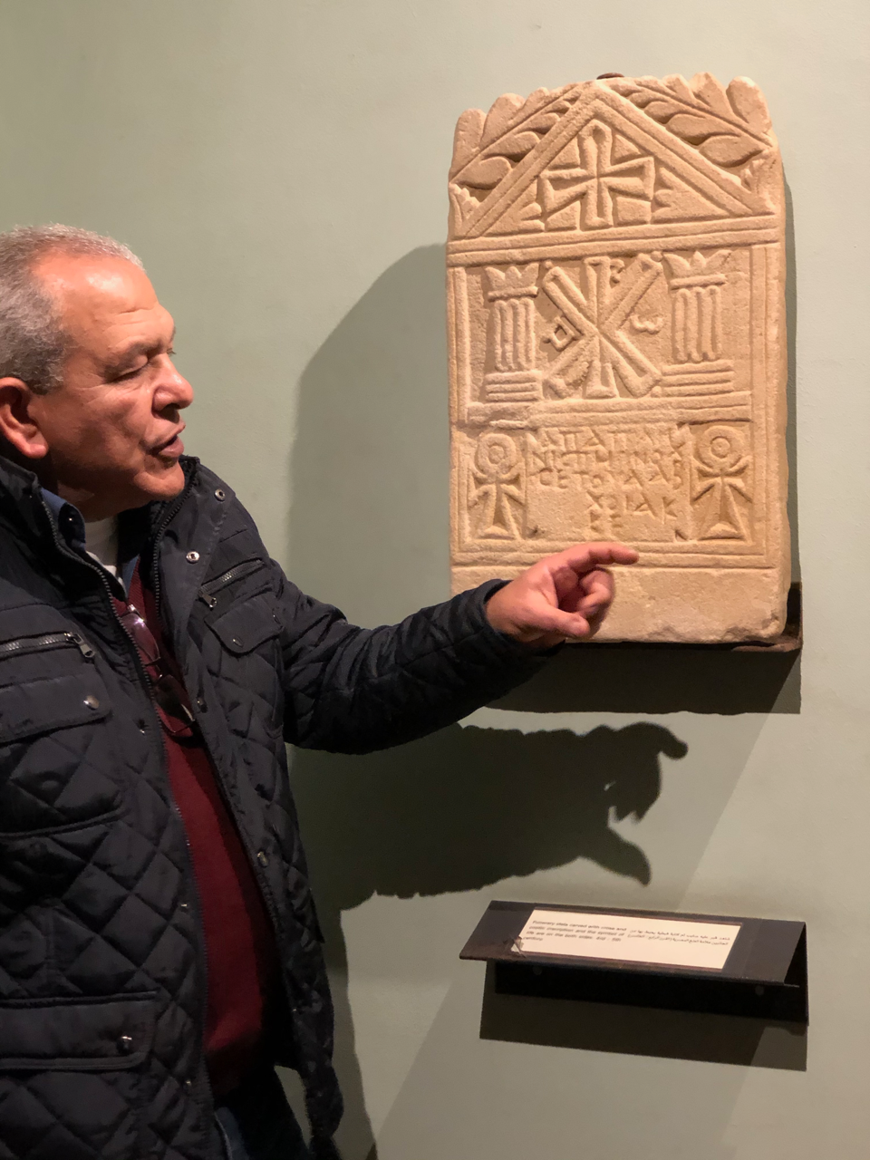  Mourad explaining early Coptic Christian art in the National Museum in Alexandria (the only tourist site open on the rainy day).&nbsp; 