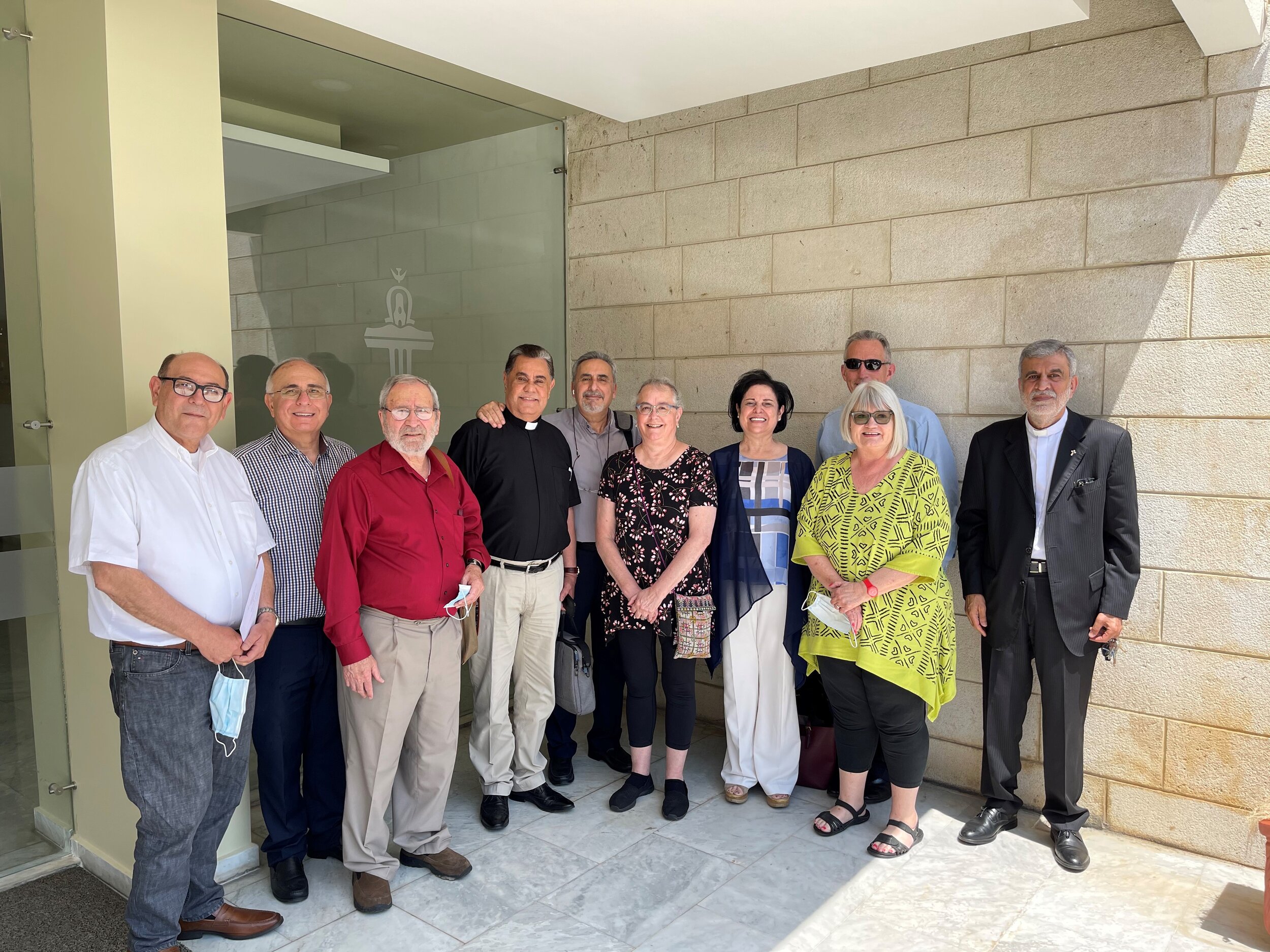  (L to R) Dr. Johnny Awwad, Elder Walid Katibeh, Rev. Nuhad Tomeh, Rev. Butros Zaour (Damascus), Rev. Josef Kassab, Julie Burgess, Rev. Najla Kassab, Rev. Mark Mueller, Marilyn Borst, and Rev. George Mourad, in a master’s class on theology today. 