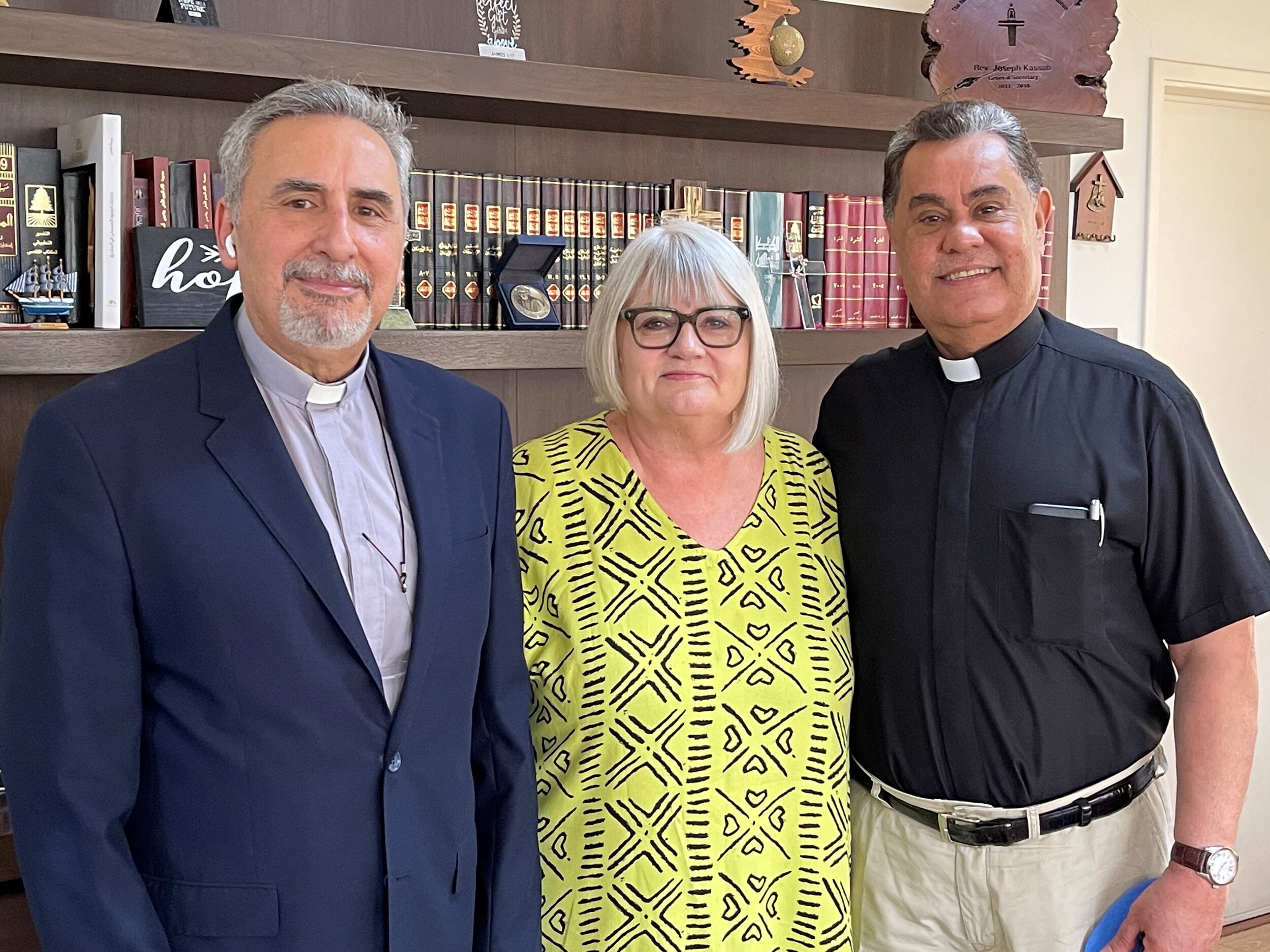  Marilyn WITH the Rev Joseph Kassab, General Secretary of the Synod, and the Rev Boutros Zaour, Synod Moderator and pastor of the Presbyterian Church in Damascus 