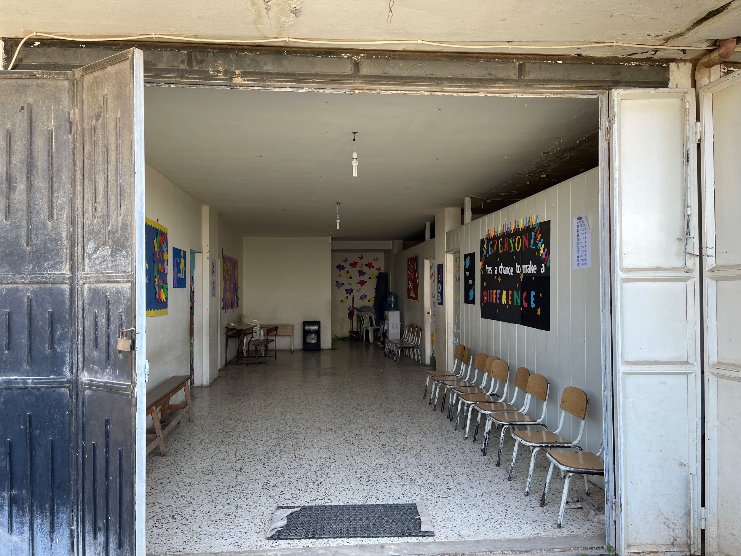 One of three side by side garages transformed into a center of Light and Hope for 60 refugee children