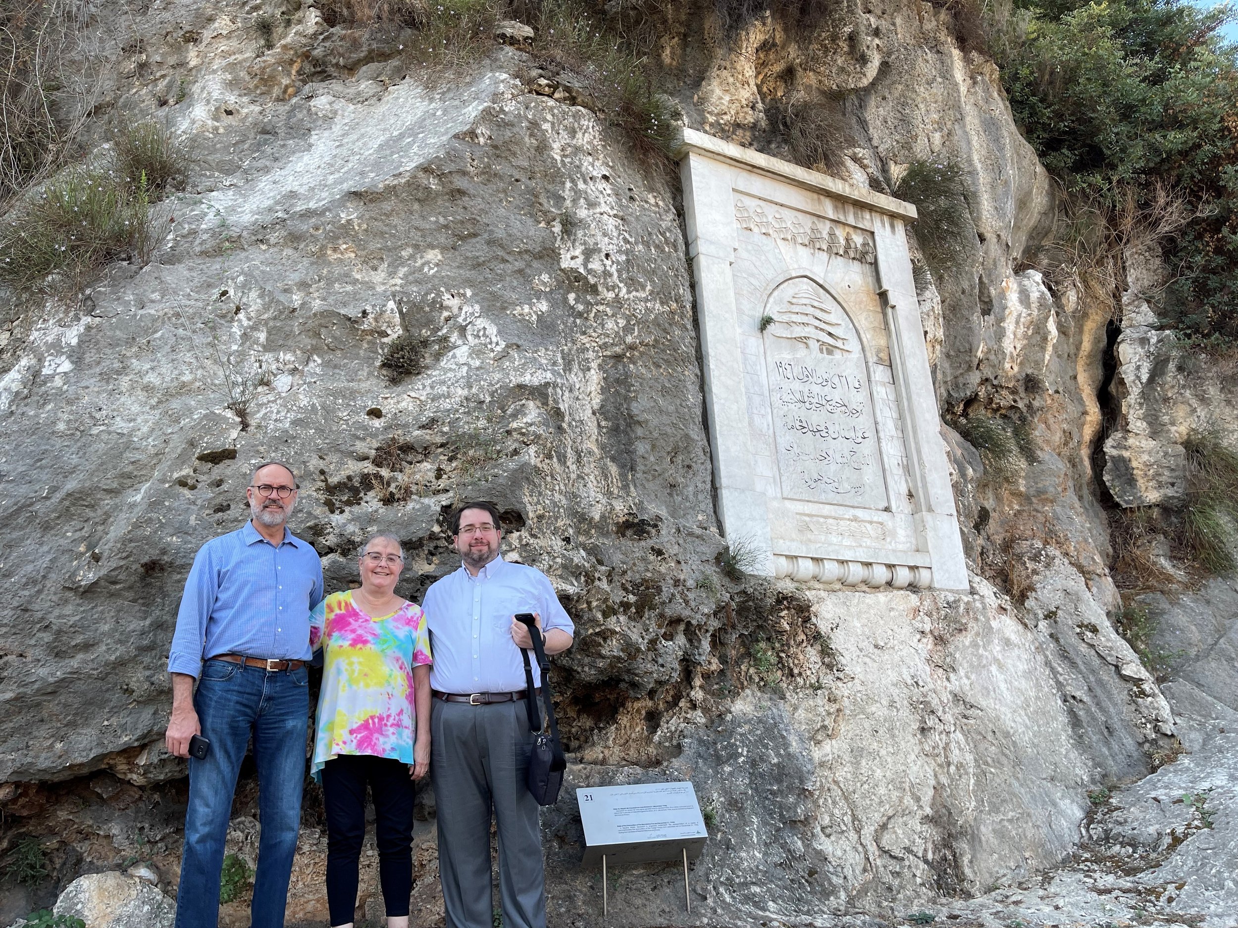  Steve and Julie Burgess and Tony Lorenz explore the historical stele (monument) along the Dog River   
