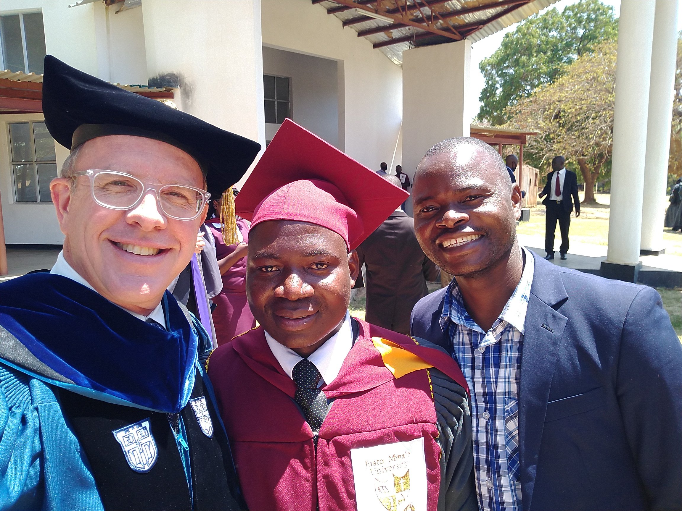 Dustin, John Mokotha, and Khumbo Mkandawire at graduation. Having just graduated, John is already pastor of several thousand church members in Malawi. Khumbo hopes to become a theology lecturer.