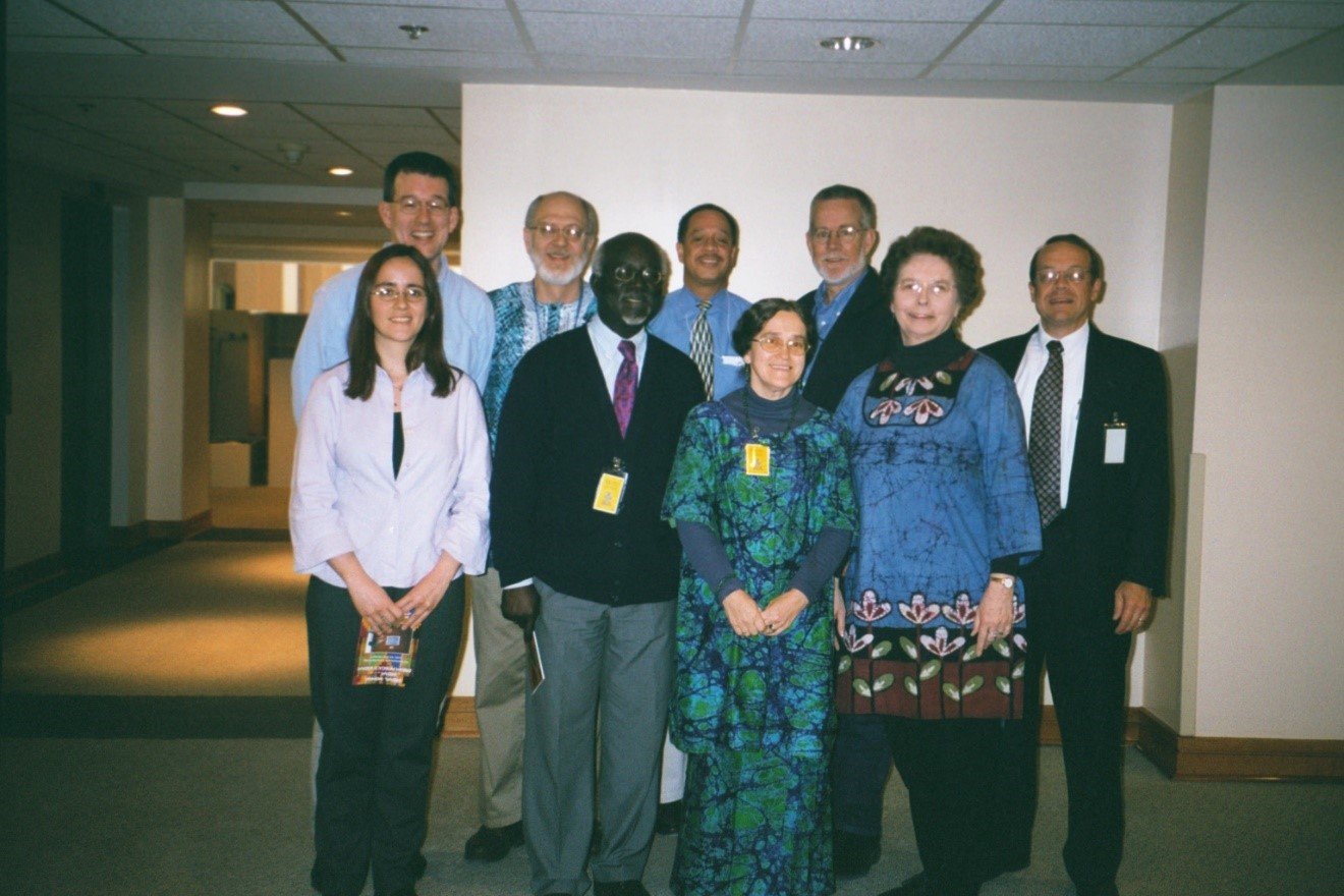  2001 visit of Kwame and Gillian Mary Bediako to the PCUSA General Assembly, Louisville, Kentucky. Front row: Donna Moros, Kwame Bediako, Gillian Mary Bediako, Jean Cutler Second row: Wyc Rountree, Bill Young, Jon Chapman, Doug Welch, Jeff Ritchie 