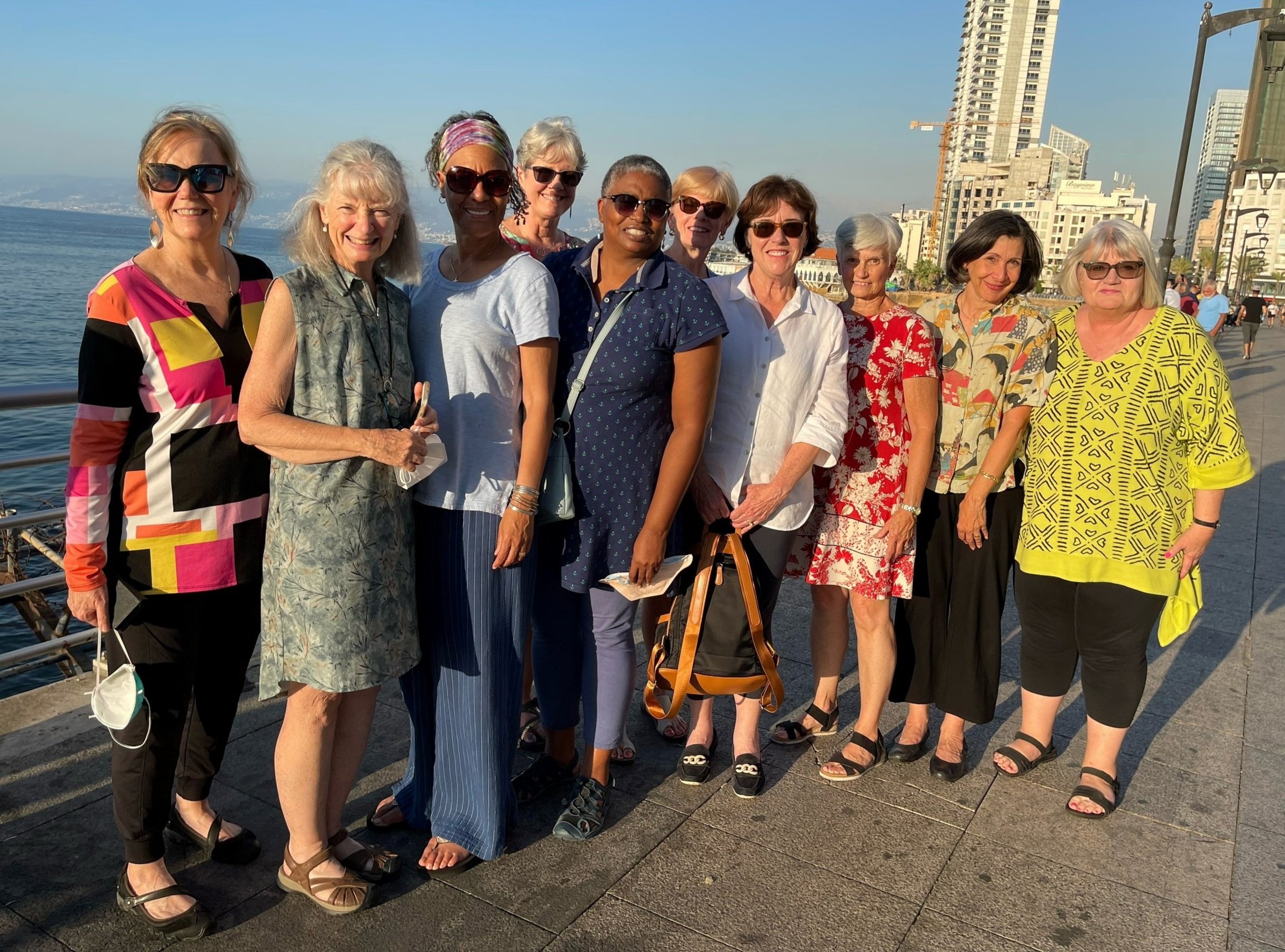   Headed to dinner along the Corniche - the picturesque promenade that runs along the Mediterranean: (left to right) Barbara Chandler, Mona Lee, Annette Brewer, Toby Mueller, Renata Dennis, Christi Ensch, Susan Henry, Lois Andrews, Lisa Culpepper, Ma