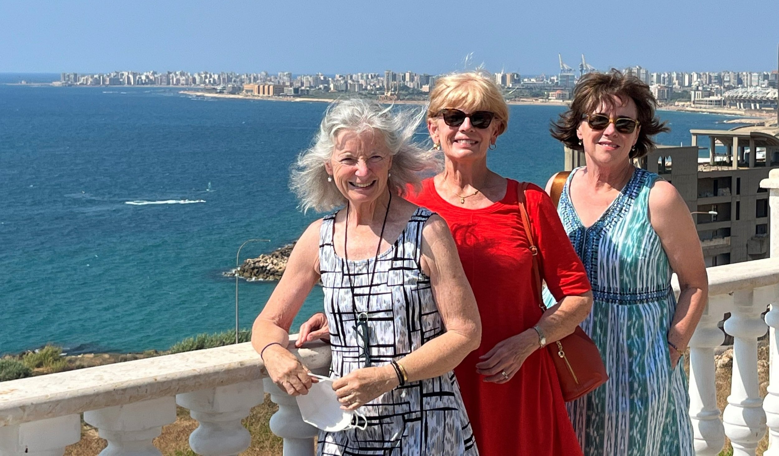   Mona Lee, Christi Ensch, and Susan Henry overlooking the Mediterranean.  