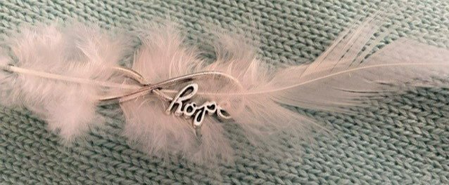   A hope charm is intertwined with a feather  