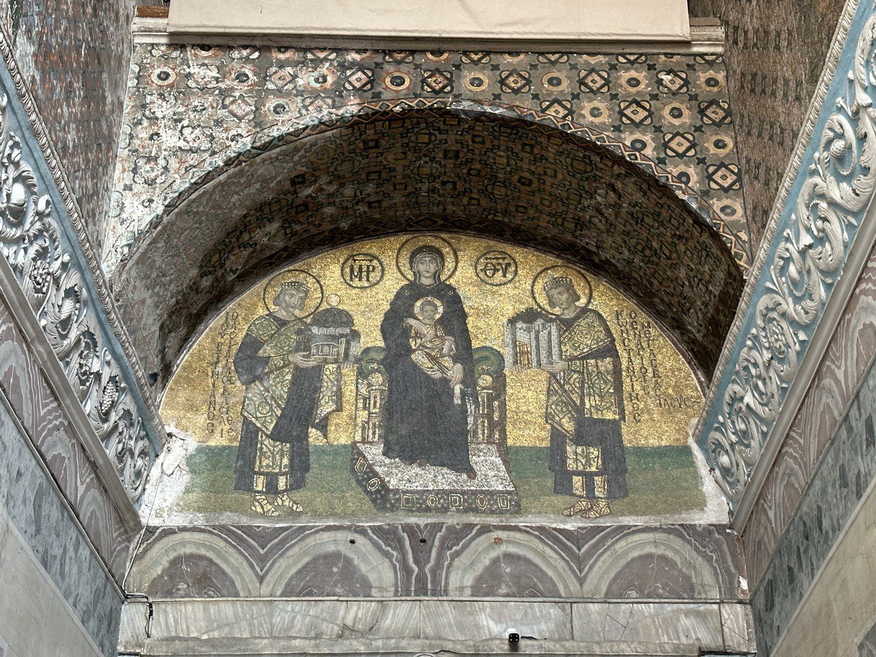 Certain mosques were originally Christian churches. This mosaic in the Hagia Sophia shows Mary with Jesus receiving gifts from Emperors Constantine and Justin.