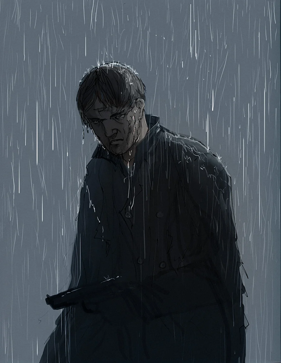 A dude with a gun in the rain. By R.R.