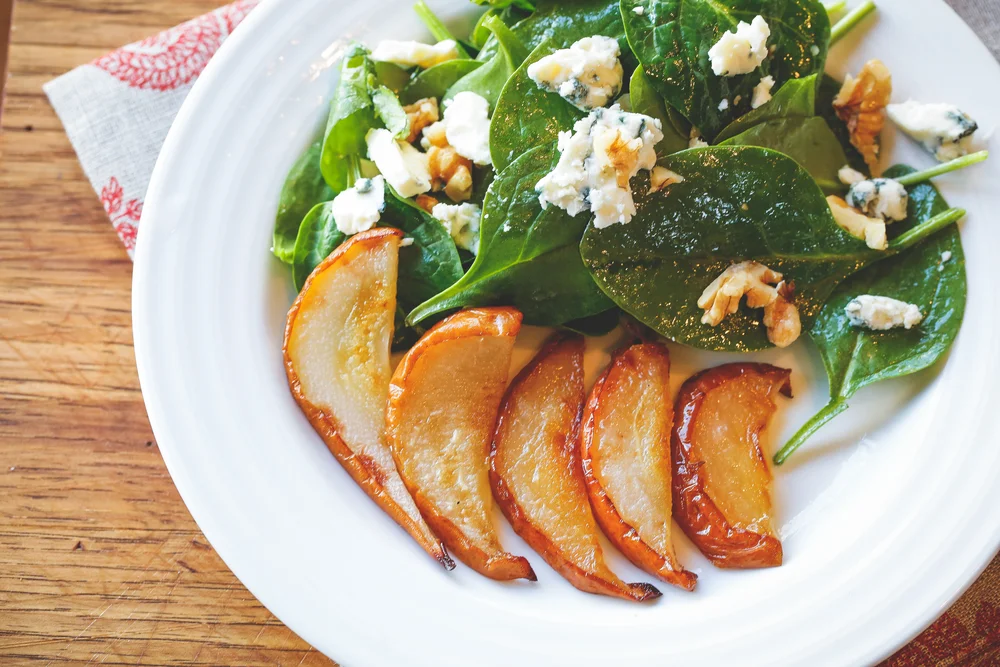 Spinach and Roasted Pear Salad with Walnut Vinaigrette