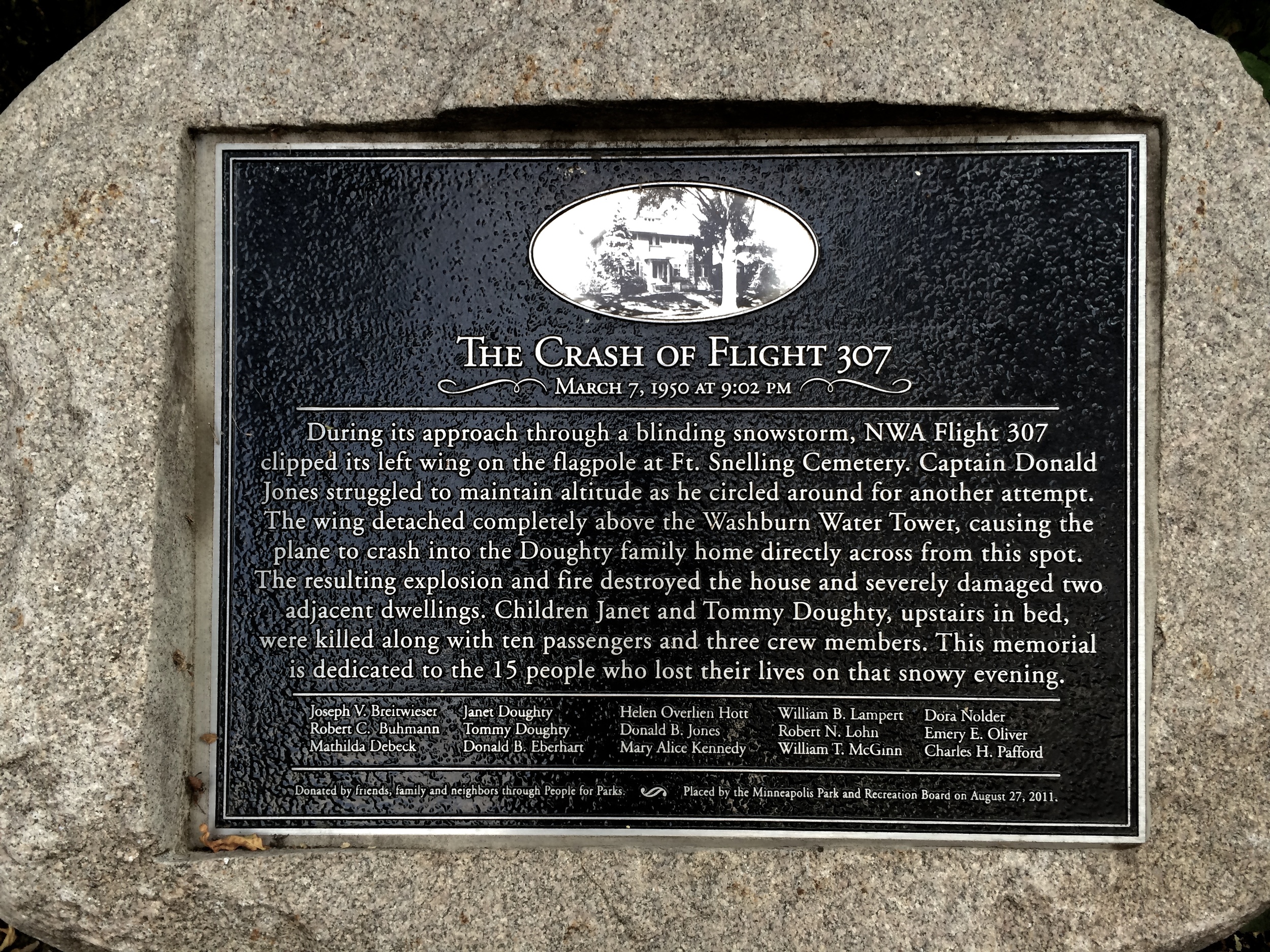 A permanent memorial on Minnehaha Parkway in Minneapolis that commemorates the crash of a Northwest Airlines plane.