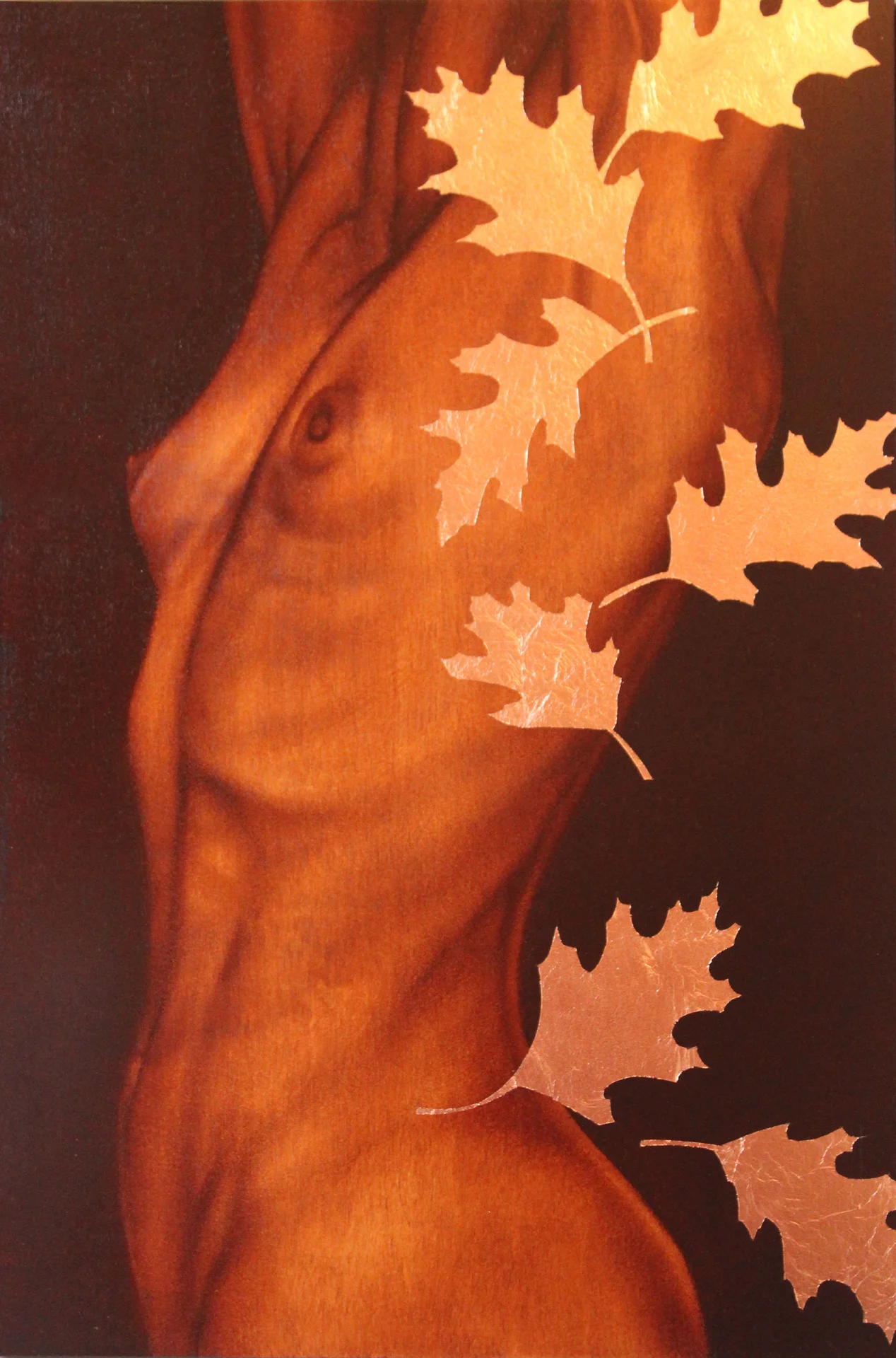 "Trunk V" 30"x20" oil & copper leaf on birch