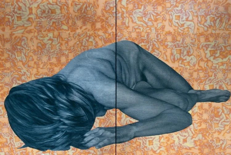 "Sleep IV" oil, red variegated leaf on birch, 24"x36"