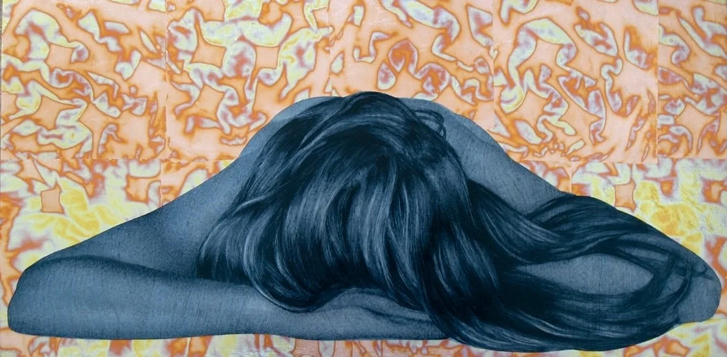 "Sleep VI" oil, red variegated leaf on birch, 12"x24"