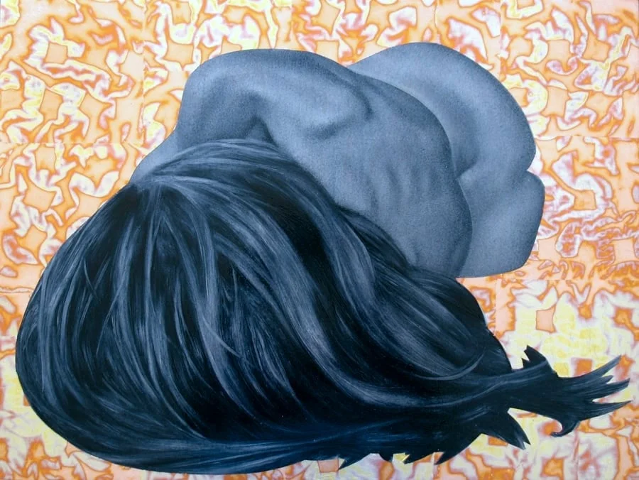"Sleep VII" oil, red variegated leaf on birch, 18"x24"