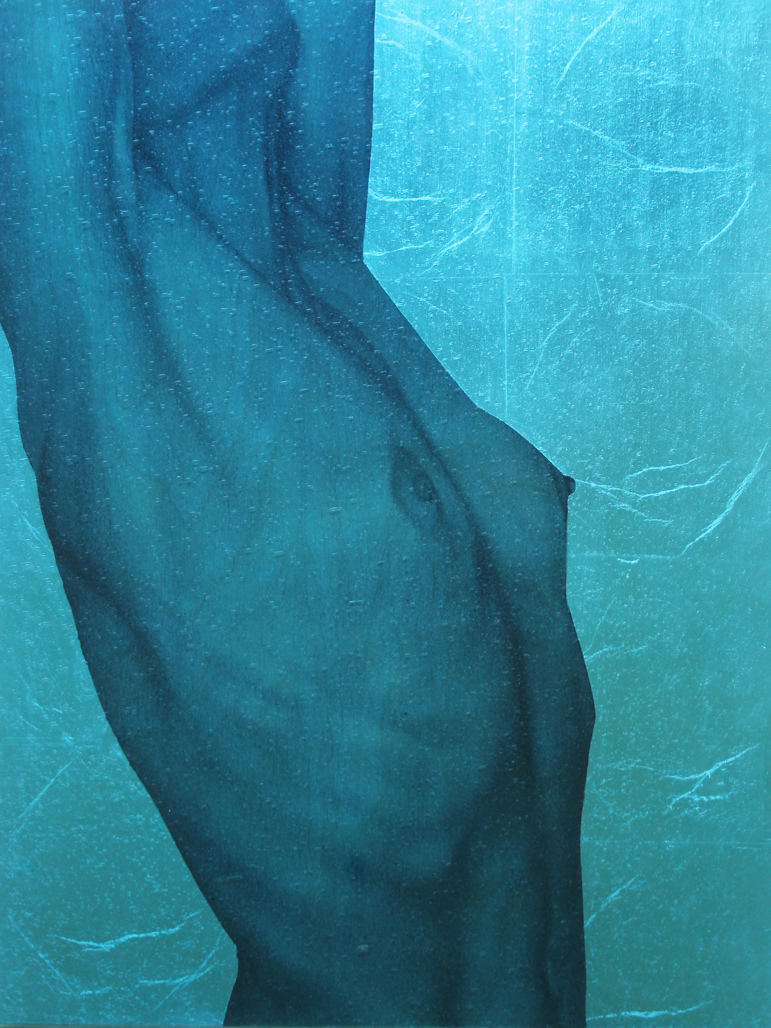 "Torso II" oil, silver leaf on birch framed in textured, colored glass, 24"x18" 2016