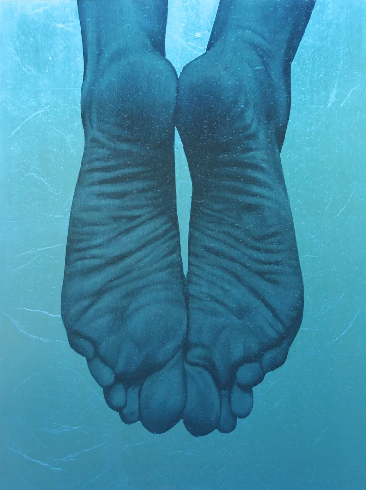"Blue Feet" oil, silver leaf on birch, framed in textured colored glass, 20"x18"
