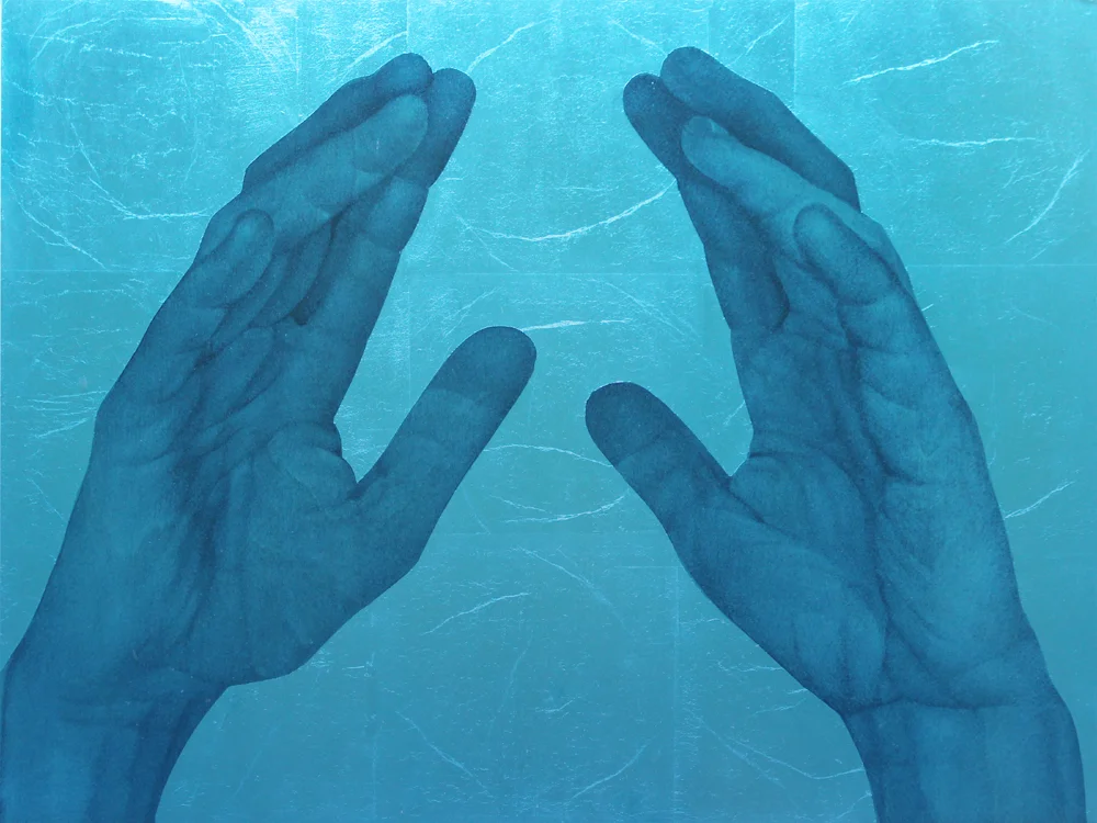 "Blue Hands" oil, silver leaf on birch framed in textured, colored glass, 18"x20"