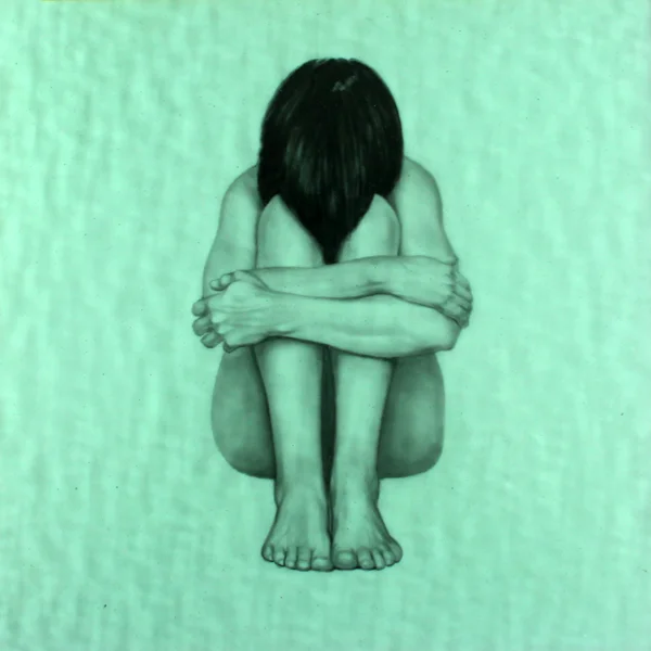 "Figure_Front" 8"x8", charcoal on mylar under textured colored glass