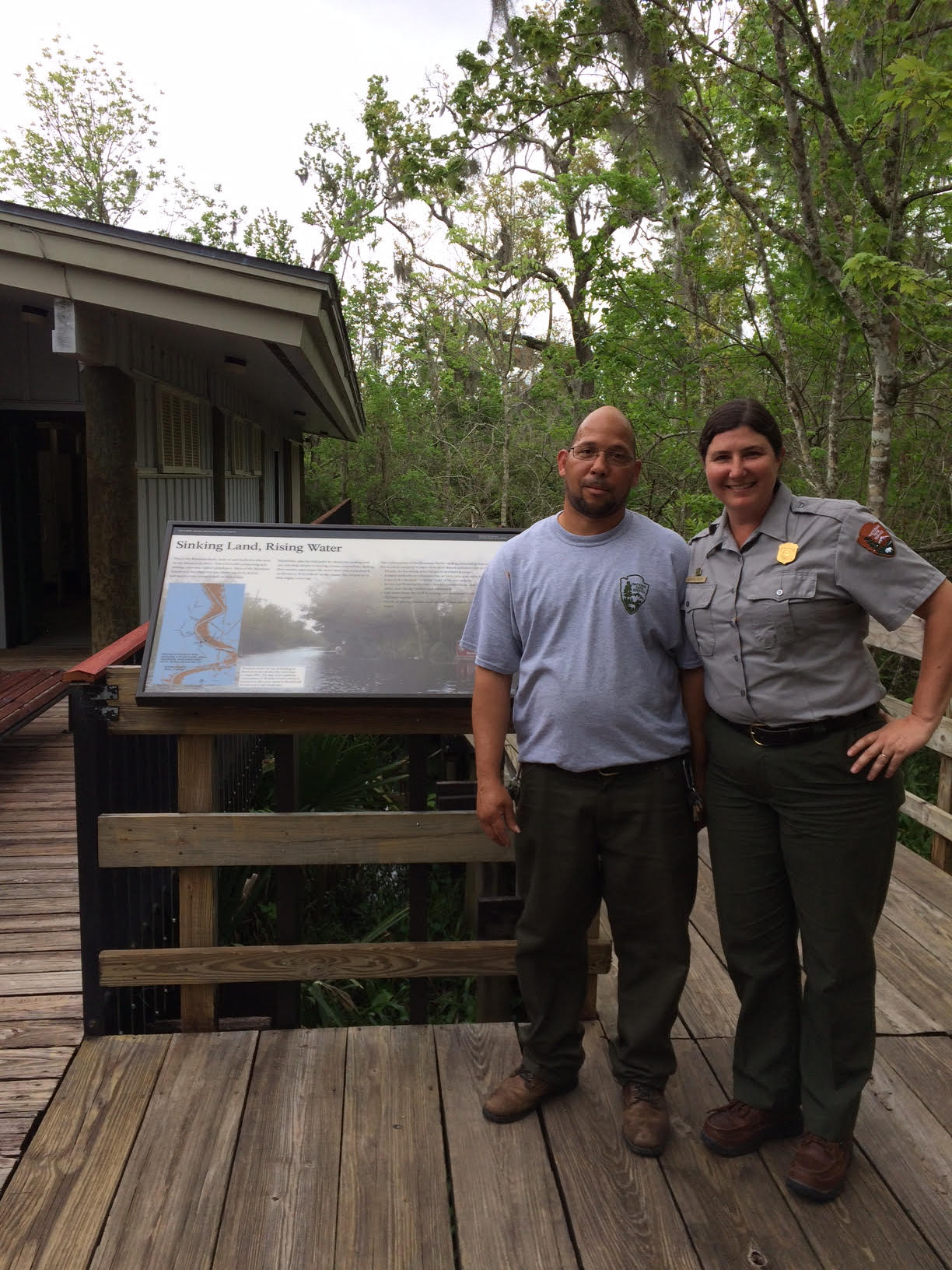 Staff from Jean Lafitte National Historical Park and Preserve in front of the new sea level wayside. Photo credit: Jorge Melendez.