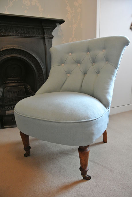  and after, traditionally restored and upholstered in duck egg blue linen with light grey linen buttons 