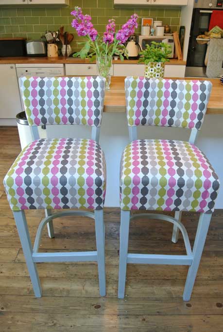  and after, upholstered in Romo's 'Quintus' fabric in magenta and painted in Annie Sloane chalk paint in 'Paris Grey'  