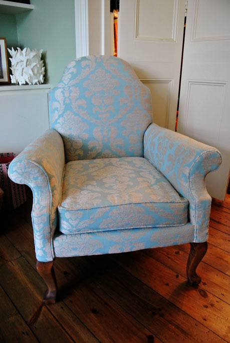  ...and finished in a stunning blue damask fabric 