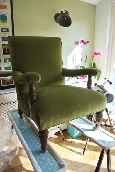  ...and after,&nbsp;traditionally restored and reupholstered in a luscious olive green matt velvet 