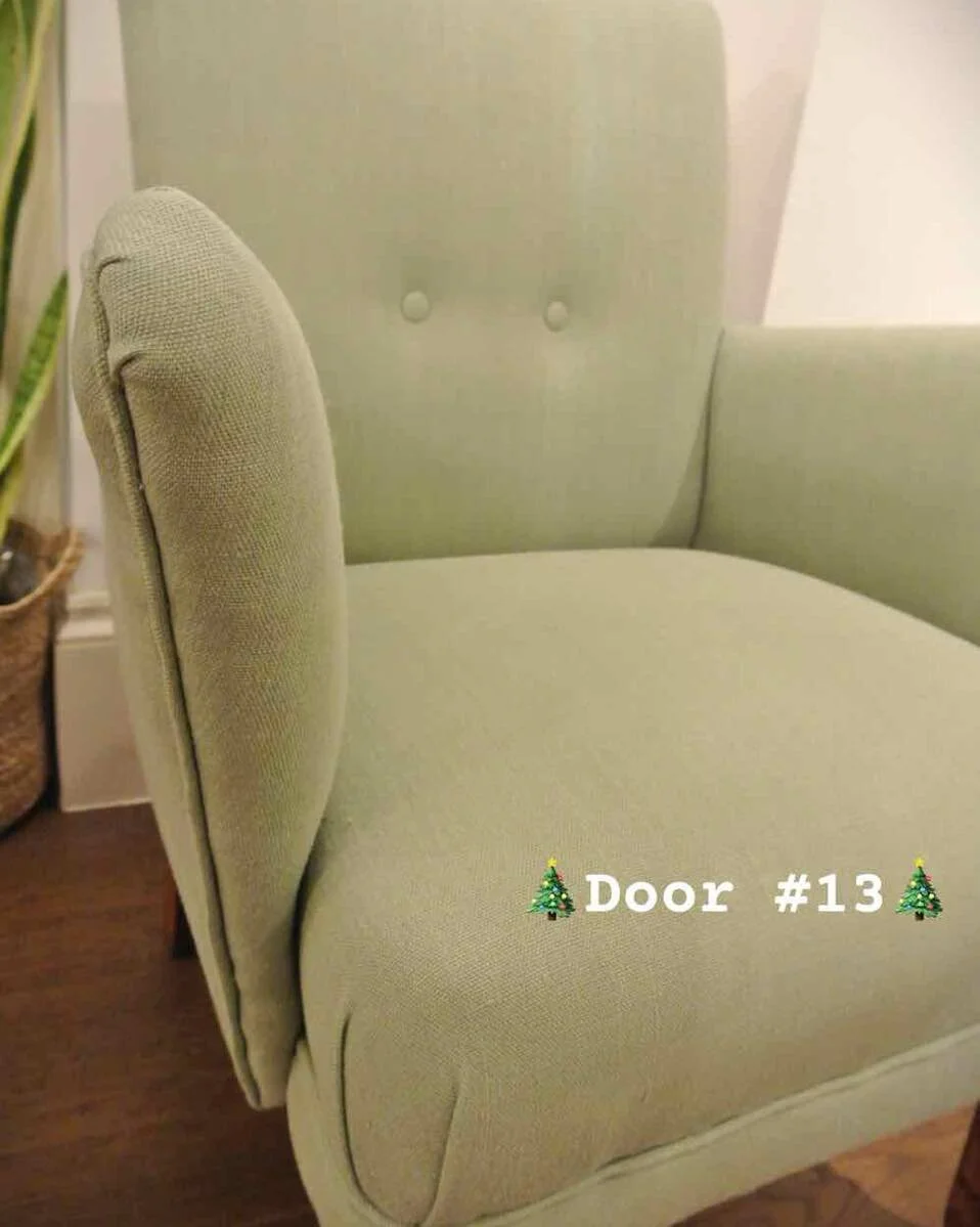 Something a little more low key for you today behind Door #13 - a sweet little chair with great arms.  Reupholstered in @designersguild  Brera Lino fabric in Sage and the legs stripped back and refinished.  Now back with its owners being reclaimed by