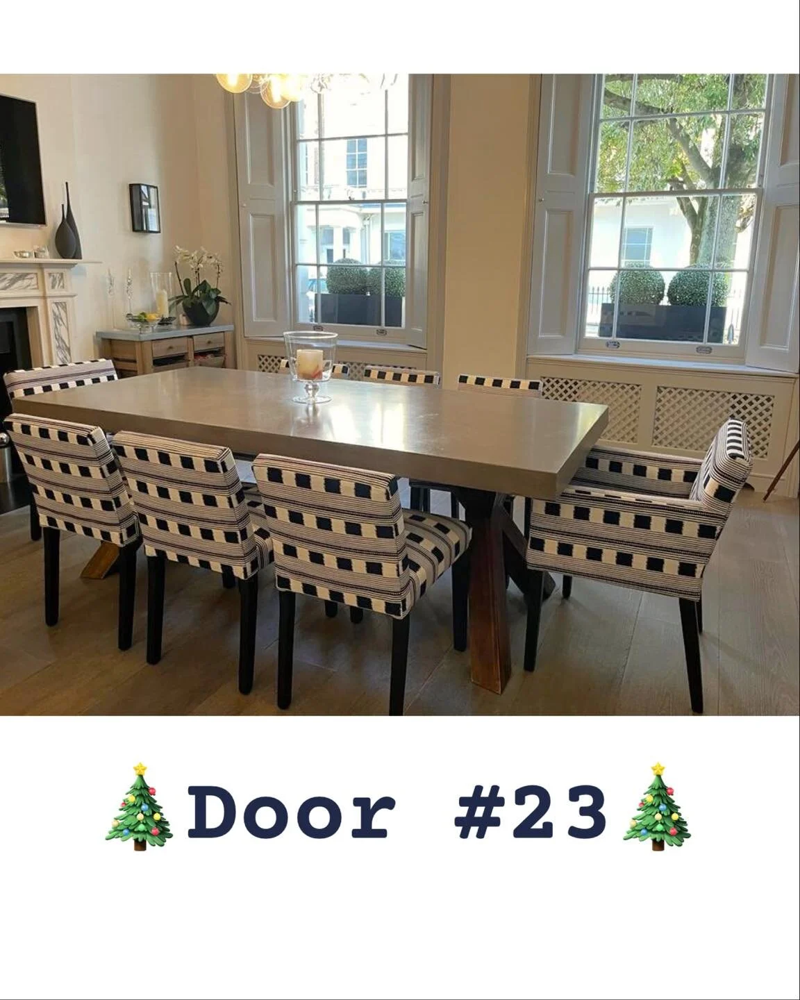 Time to open Door #23, the penultimate offering of this year's Calendar.  Today we have a set of 8 dining chairs, including 2 carver chairs, which have been reupholstered in @christopherfarrcloth Lost and Found Perennials Performance Weave in the col
