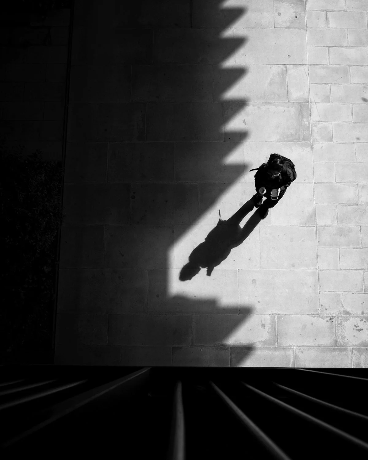 A person holding a drink and traveling with a luggage on a sidewalk, their shadow cast on the ground in sunlight, with a shadowed wall on one side.