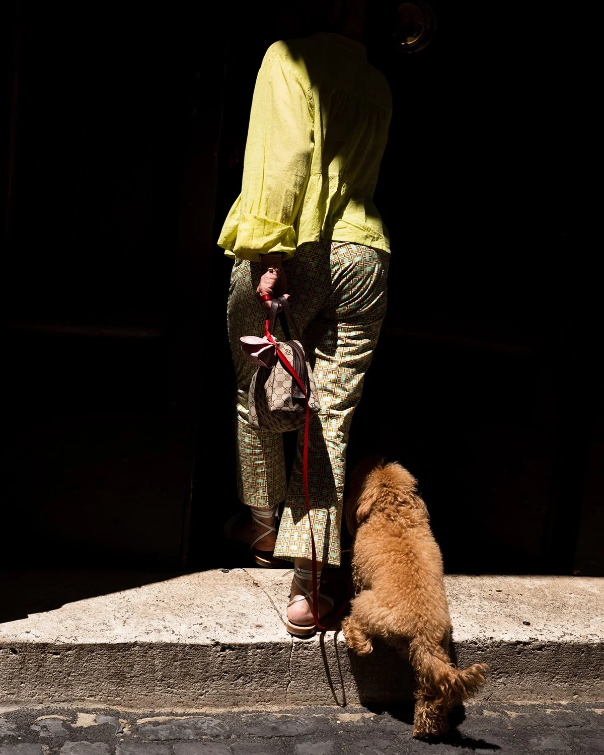 Person holding a leash with a small fluffy dog sitting nearby on a concrete sidewalk, wearing patterned pants and a yellow top, outside a dark door.