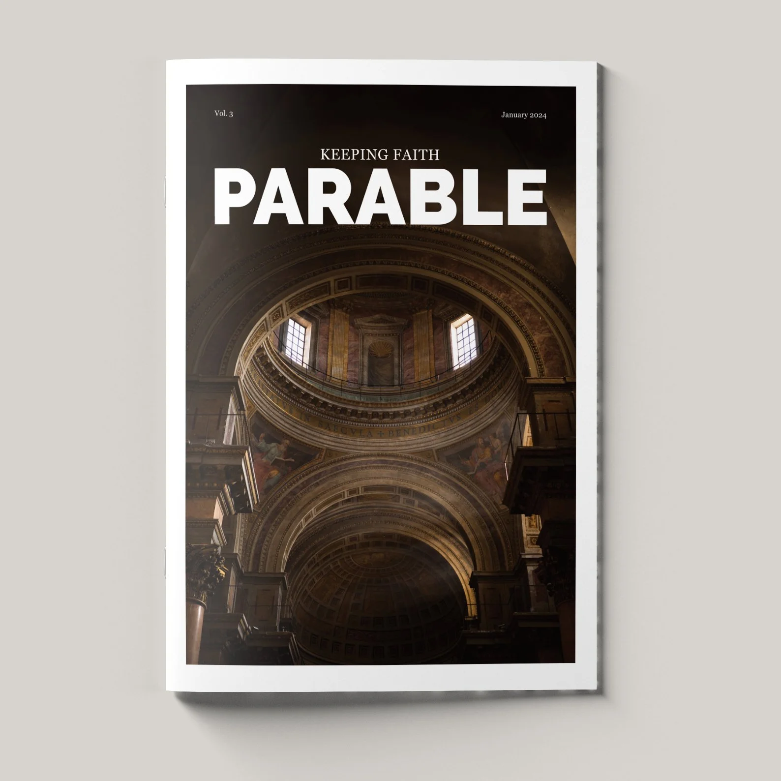 Cover of a magazine titled 'Parable' with the subtitle 'Keeping Faith' and a photo of an ornate church interior with domed ceiling, columns, and windows.