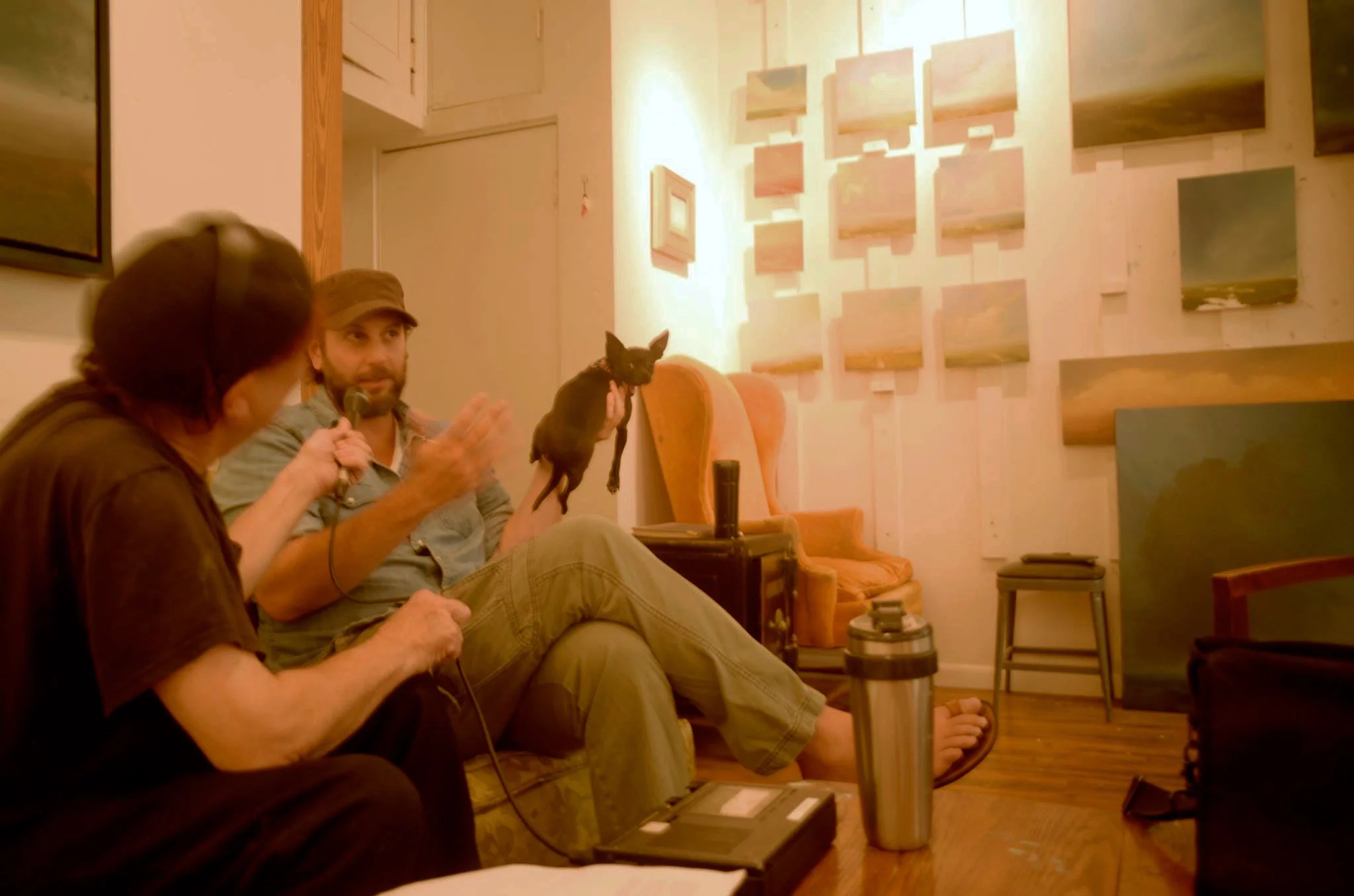 Me being interviewed in my studio by the great Kenn Michael for the 'Musings' show on WDIY. Lucia was being uncharacteristically rowdy so I had to hold her like that the whole time. 