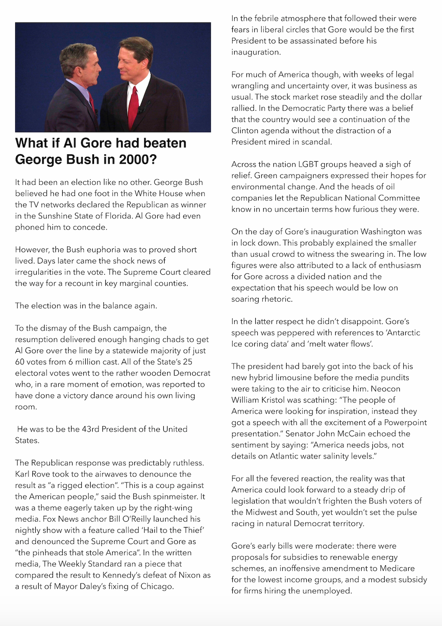 What if Al Gore had won the 2000 election? Part one.