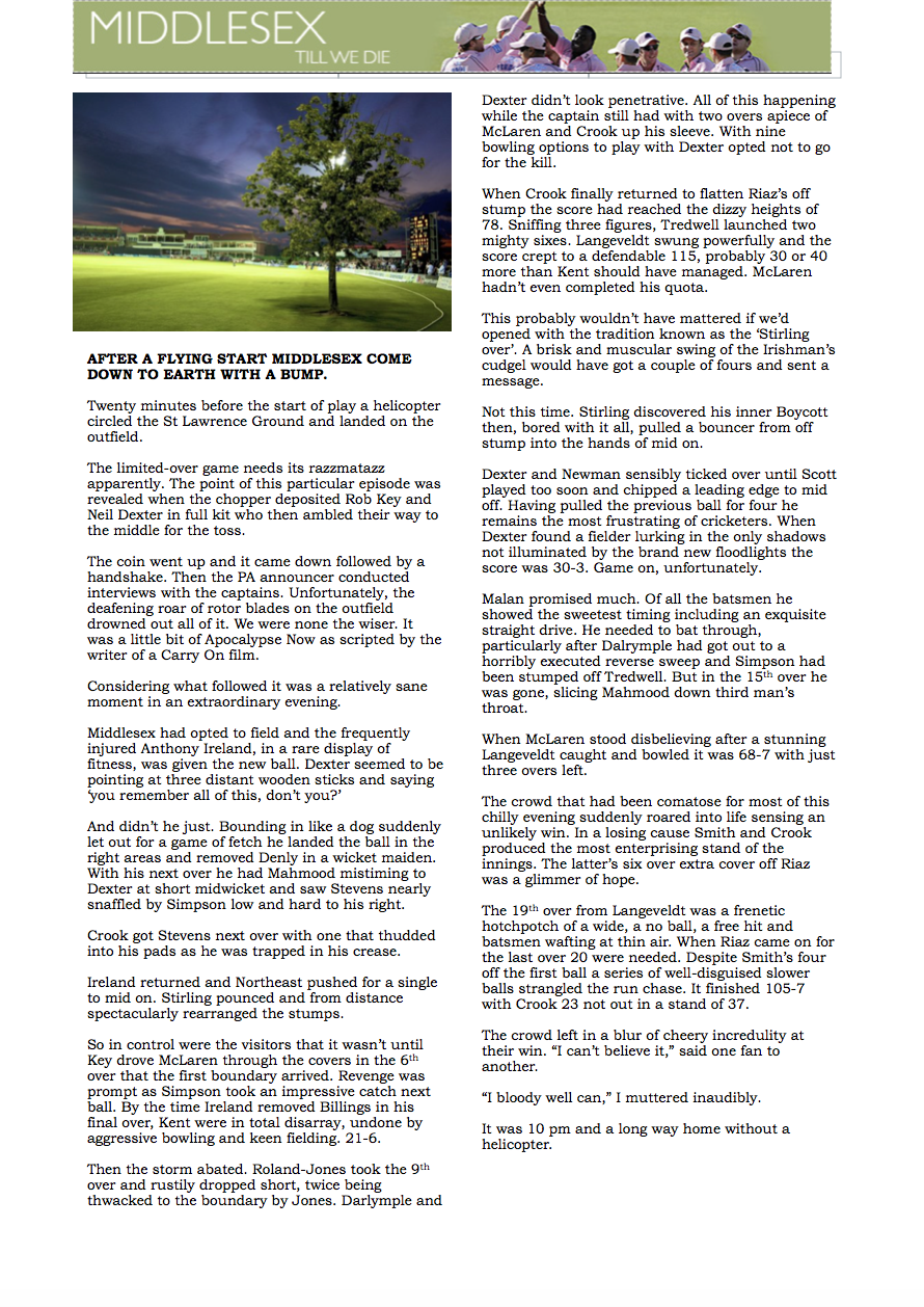 Match report for Middlesex CCC fans' website.