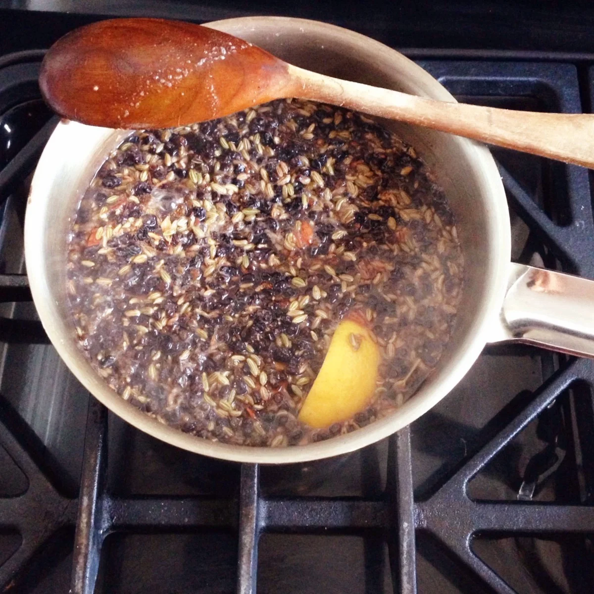 At the start of cooking, notice how thin the water is