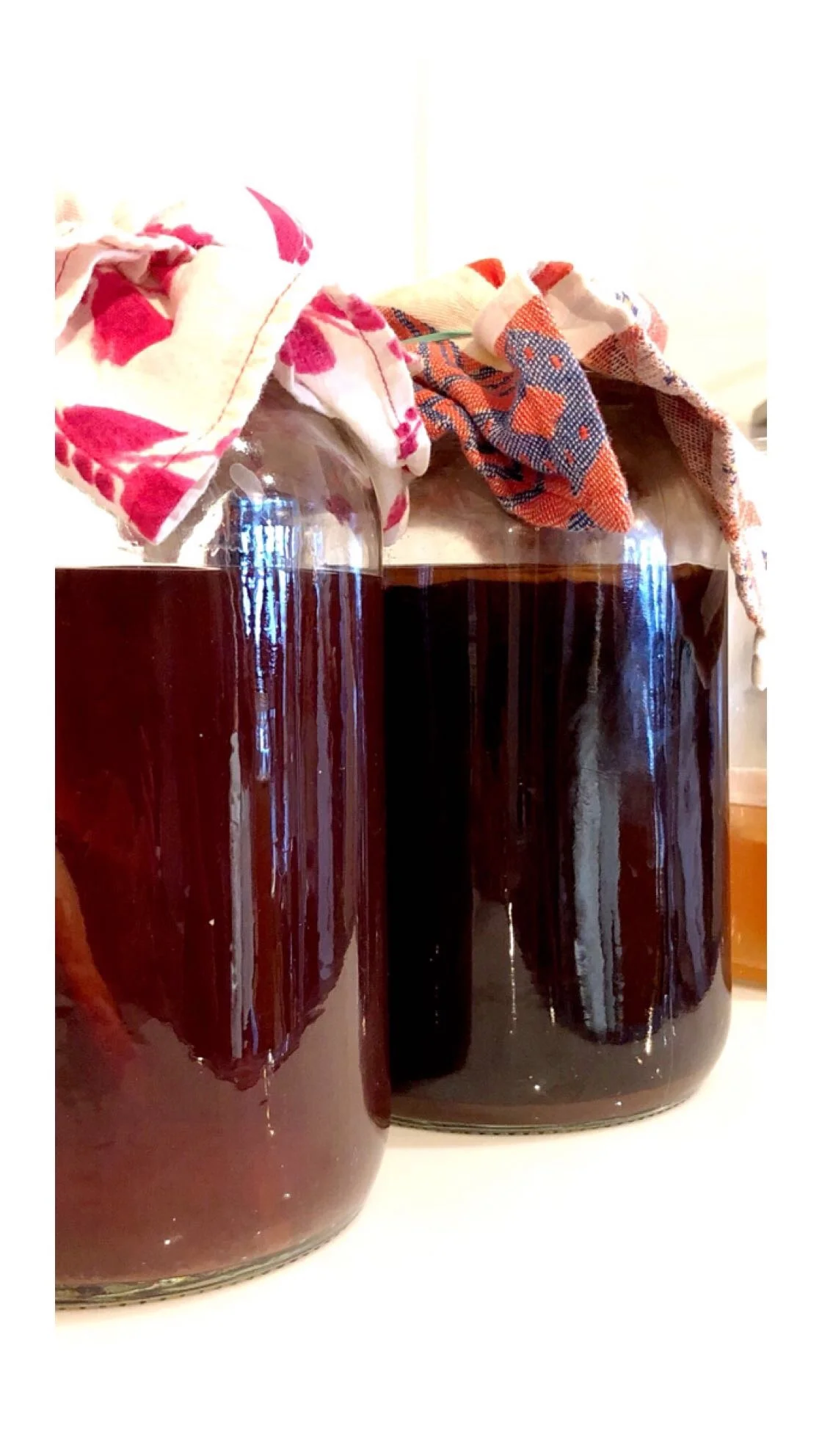 Rose kombucha and Coffee Kombucha in their bulk ferments