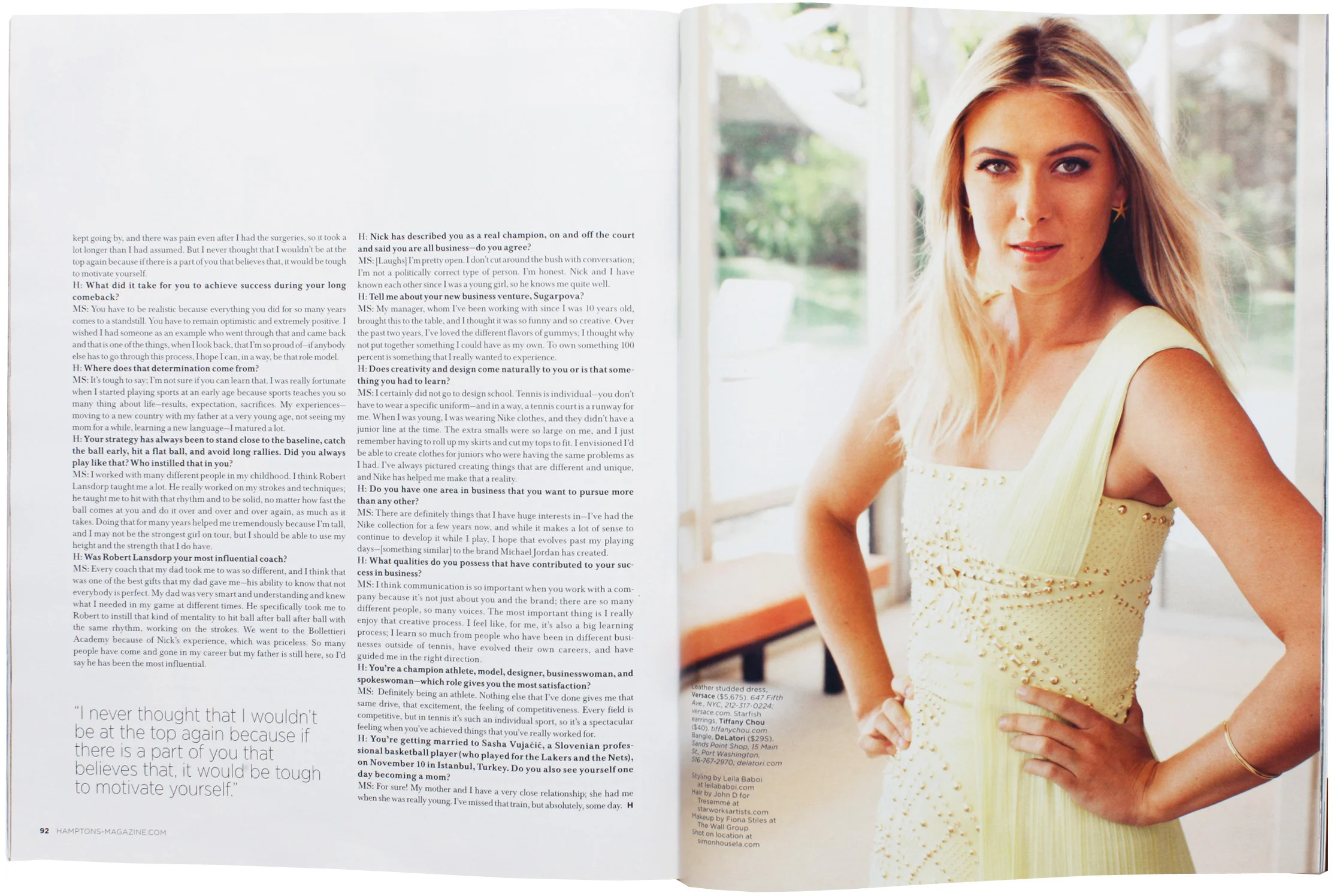 Maria Sharapova, Hamptons Magazine 2012