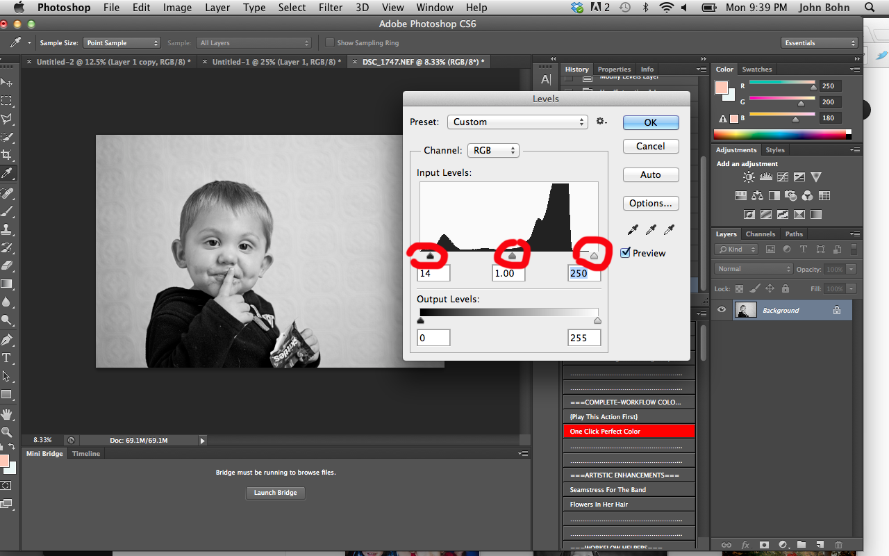 Murfreesboro Child photographer edit Step 5: I have circled three tabs here. This image shows the settings I chose so note the numbers are not all as they started. The black tab on the left controls your shadows, the gray tab in the middle controls your midtones, and the white tab to the right is your highlights. I again drag these to my liking and hit okay. Don't be afraid to experiment with the tabs, move them around, test them out if you don't like it just hit cancel, no harm not foul. I do recommend creating a background layer which I discuss below before just playing around though. You want to keep the original as organic as possible so as to not ruin any pixels in the process.